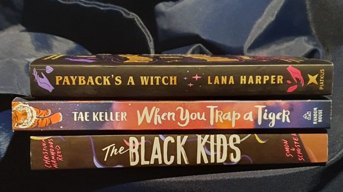 Stack of 3 books on a blue background: The Black Kids, How to catch a tiger, Payback's a witch