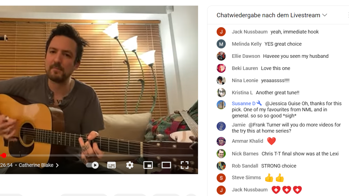 Screenshot of a Frank Turner IVL livestream on Youtube with a bit of the chat. Susanne D got the moderator tool icon