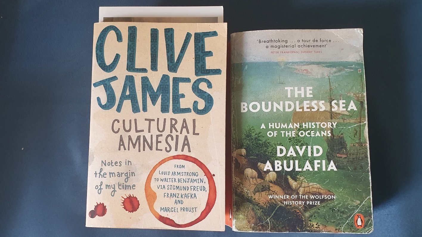 photo of two books next to each other on a blue fabric cover Cultural Amnesia by Clive Jams and The Boundless Sea by David Abulafia
