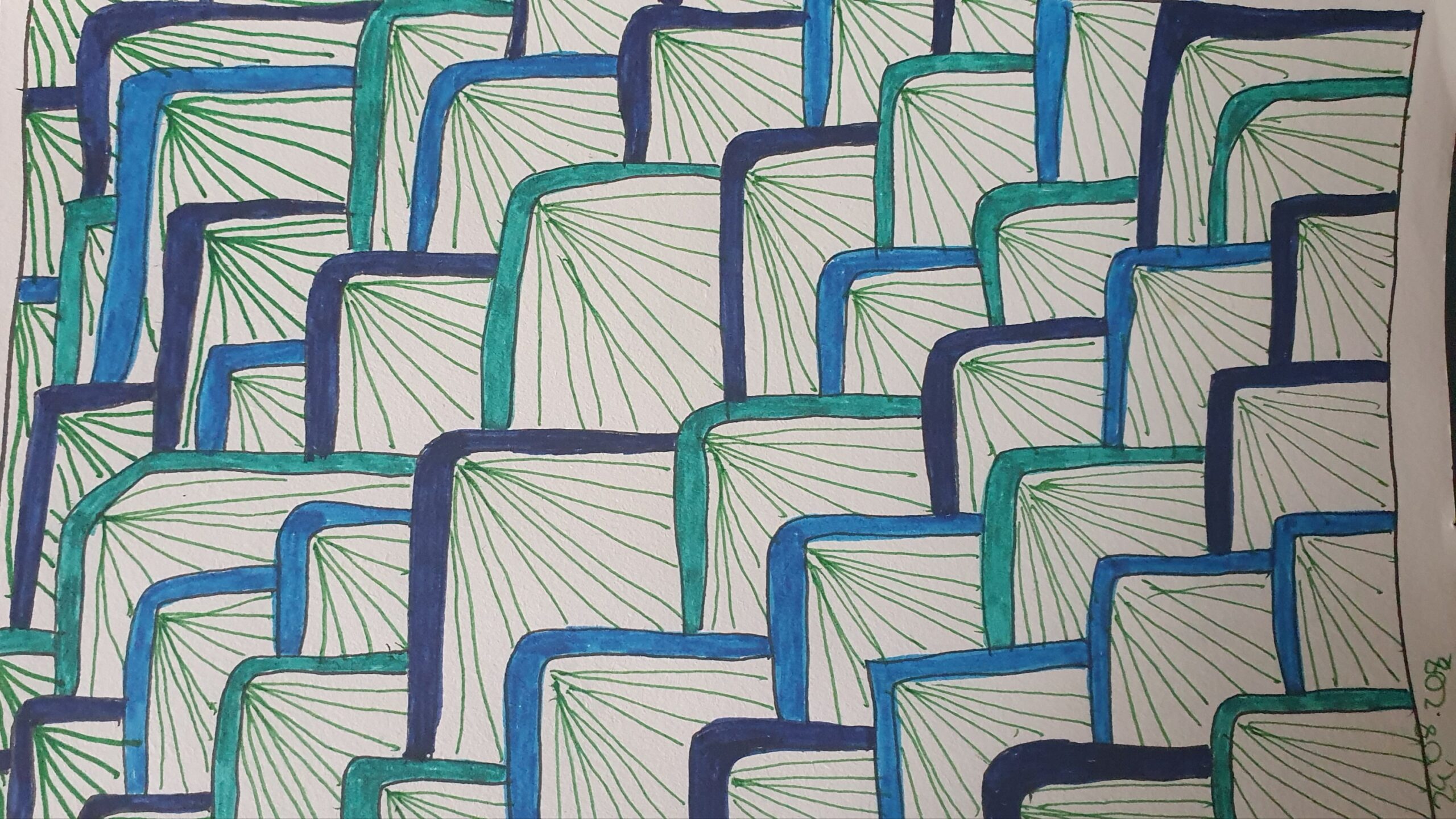 Photo of a zentangle. Half squares (upper left corner) from the lower right to the upper left. The lines coloured in various shades of blue, green, turqouise. The empty spaces are filled with green lines always leading up to the corner of the squares