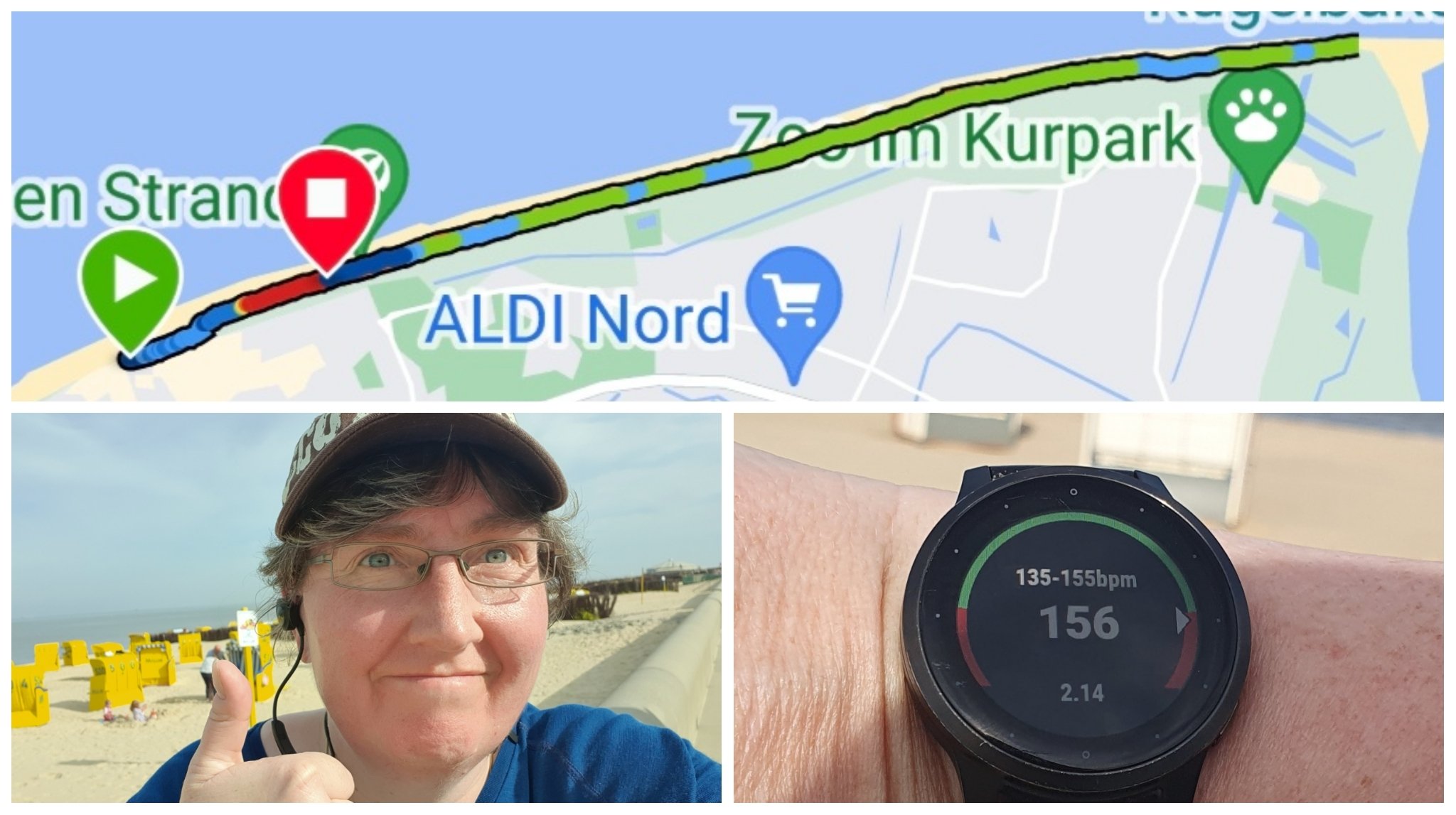 Collage of three photos: the 5 k track, selfie of me after with thumb up and a heart frequence monitor on my smartwatch