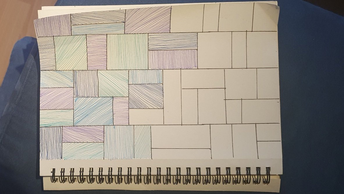A paper divided into rectangles of various sizes. The dividing lines are in black. Half of the rectangles are filled with lines, each rectangle in a different colour and the lines in different directions 