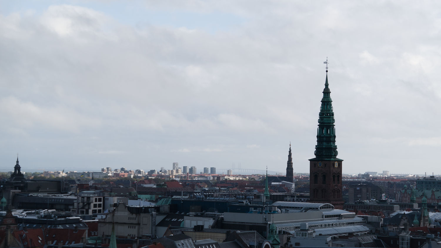 View over Copenhagen from the Round Tower. In the background Öresund-Bridge is visible