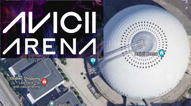 Collage of screengrab of the Avicii Arena logo and a screenshot of the arena on google maps