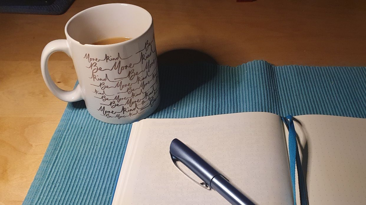Photo of a open journal with blank pages and a cup of coffee next to it