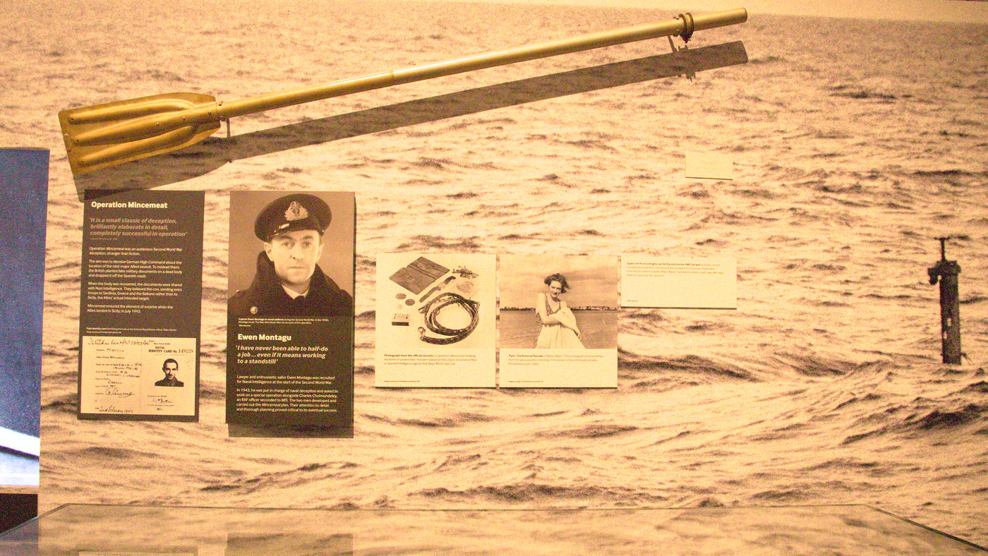 Photo of an oar, photos of Ewen Montague, Jean Leslie and some parts of the mincemeat deception