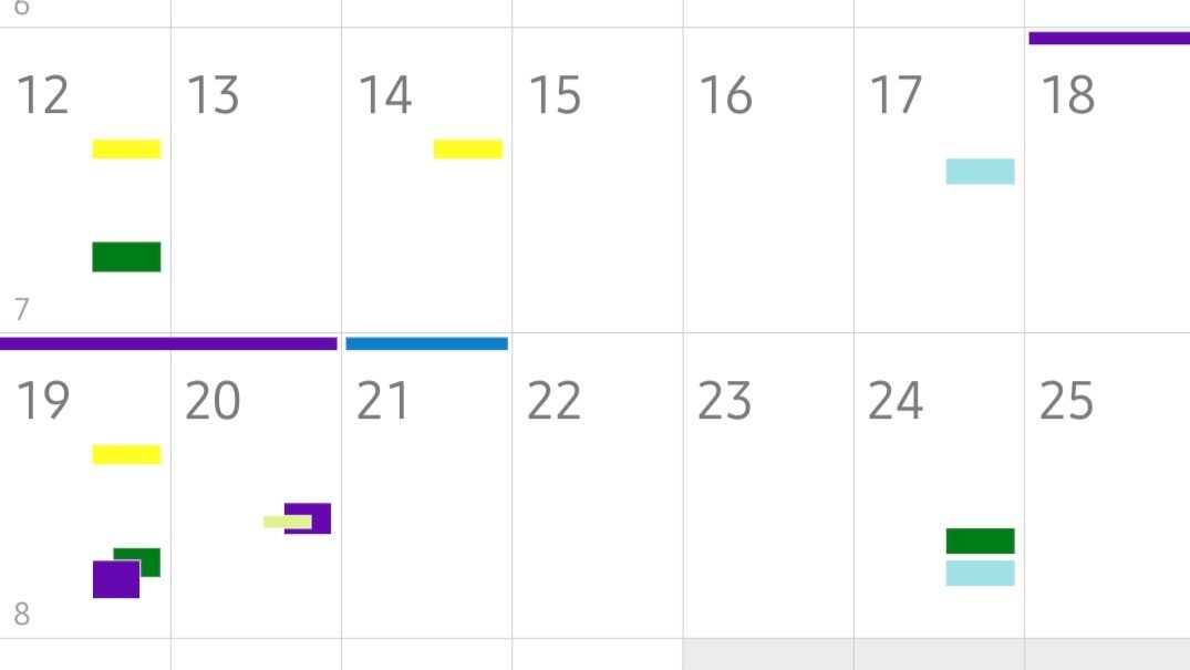 Screenshot of a calendar week 7 and 8 with various times blocked out in colour codes