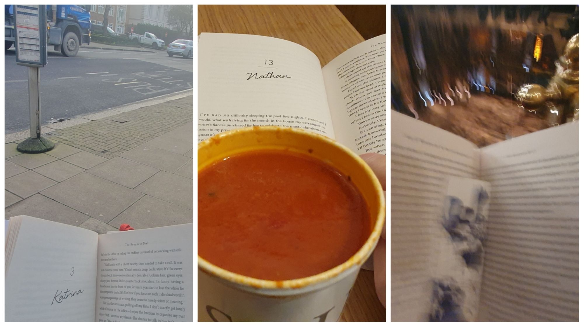 collage of three pictures of me reading my book. While waiting for the bus, while eating at Pret, at the theatre before the show starts