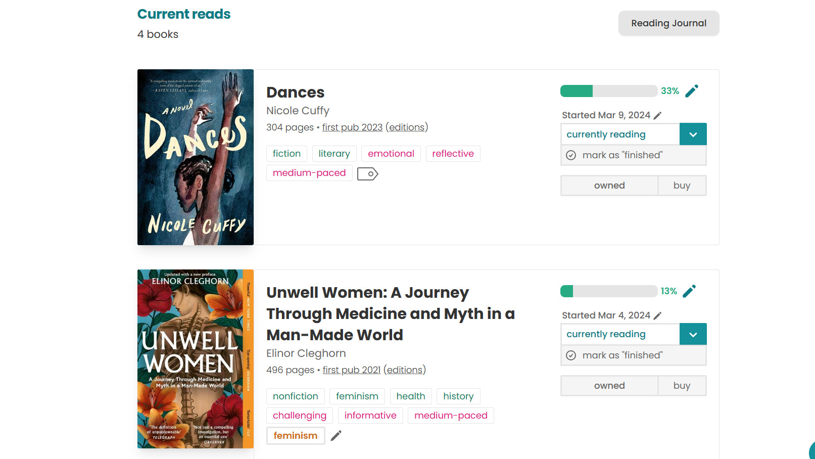 Screenshot of my Storygraph Current Reads: Dances by Nicole Cuffy and Unwell Women by Elinor Cleghord