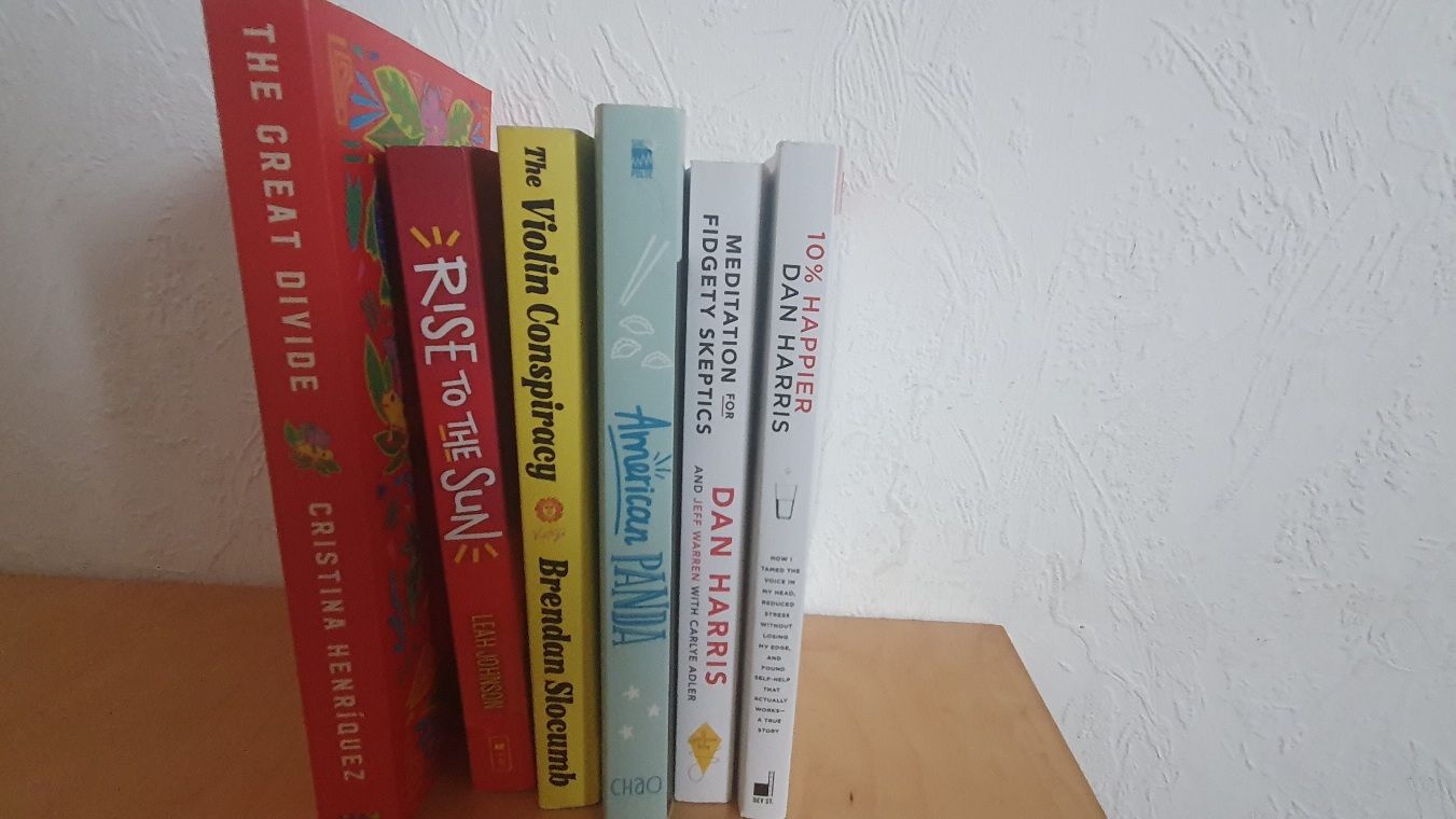 My latest book haul upright on a table in front of a white wallpaper: The Great Divide by Cristina Hernandez, Rise To The Sun by Leah Johnson, The Violin Conspiracy by Brendan Slocumb, American Panda by Gloria Chao, Mediation for fidgety sceptics and 10% Happier both by Dan Harris