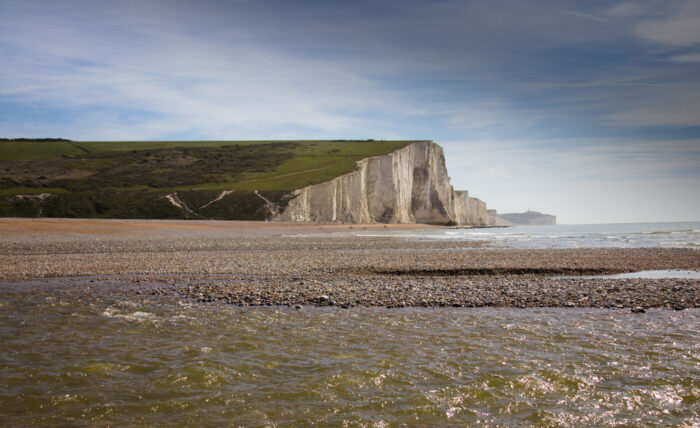 Seven Sisters Cliffs, view from the beach at sunshine