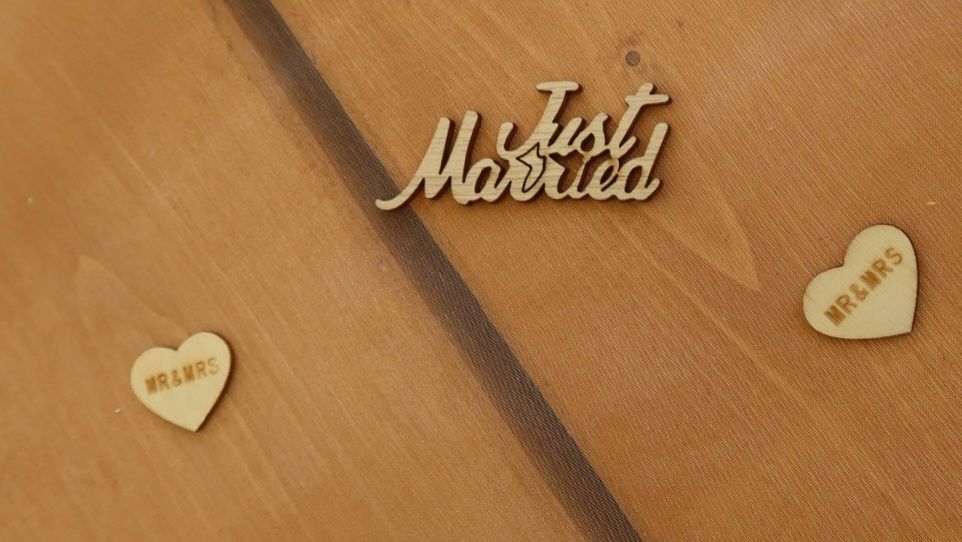 Wooden Hearts with Mr & Mrs as well as a Just Married sign