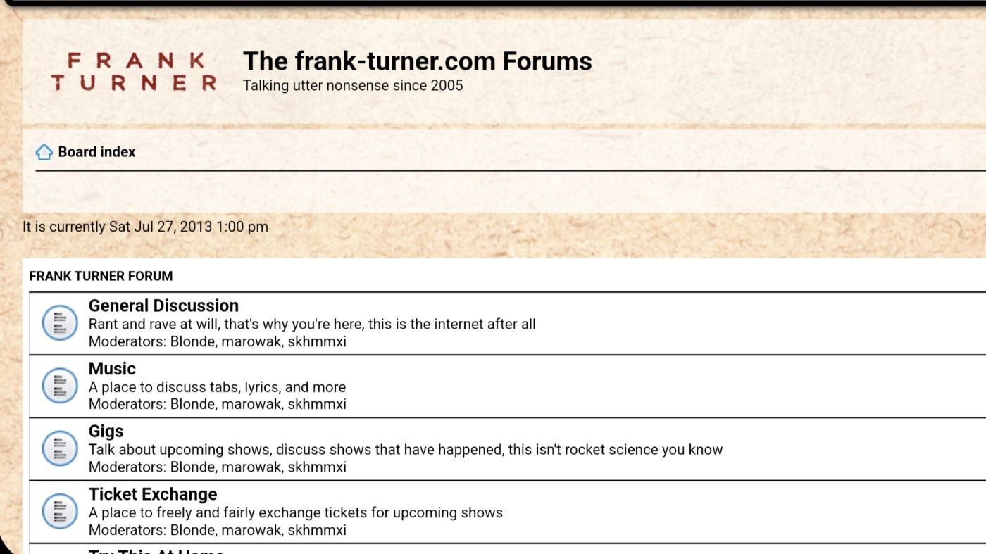 Screenshot of the Frank Turner forum from the waybackarchive