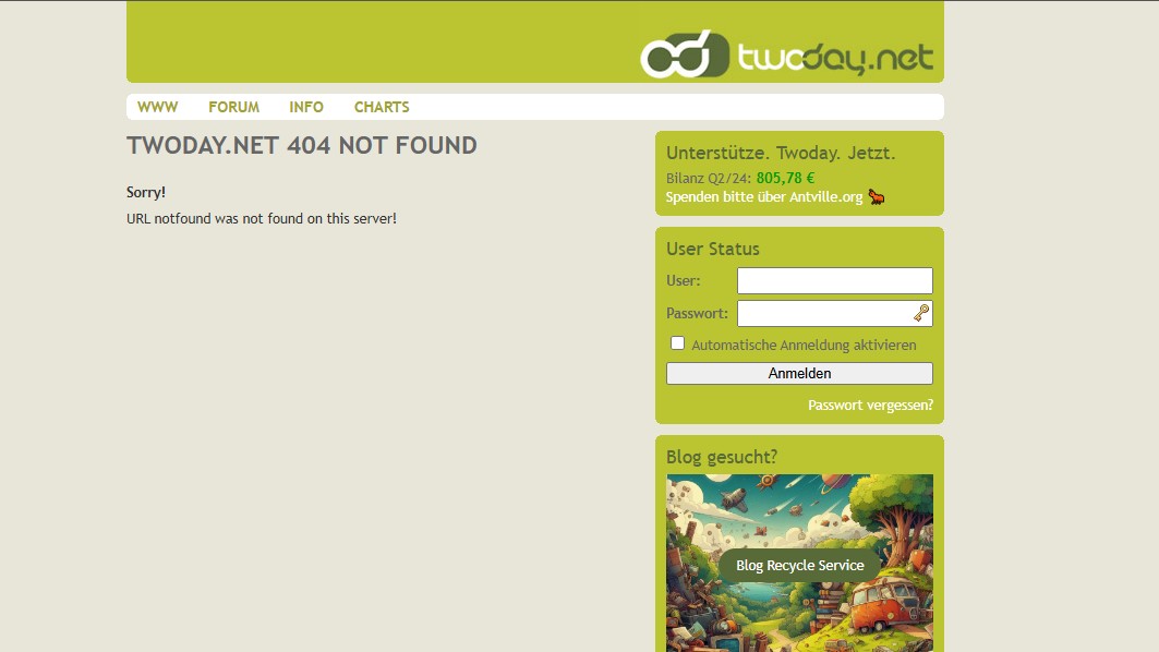 Screenshot of a 404 Page from blog hoster twoday-net