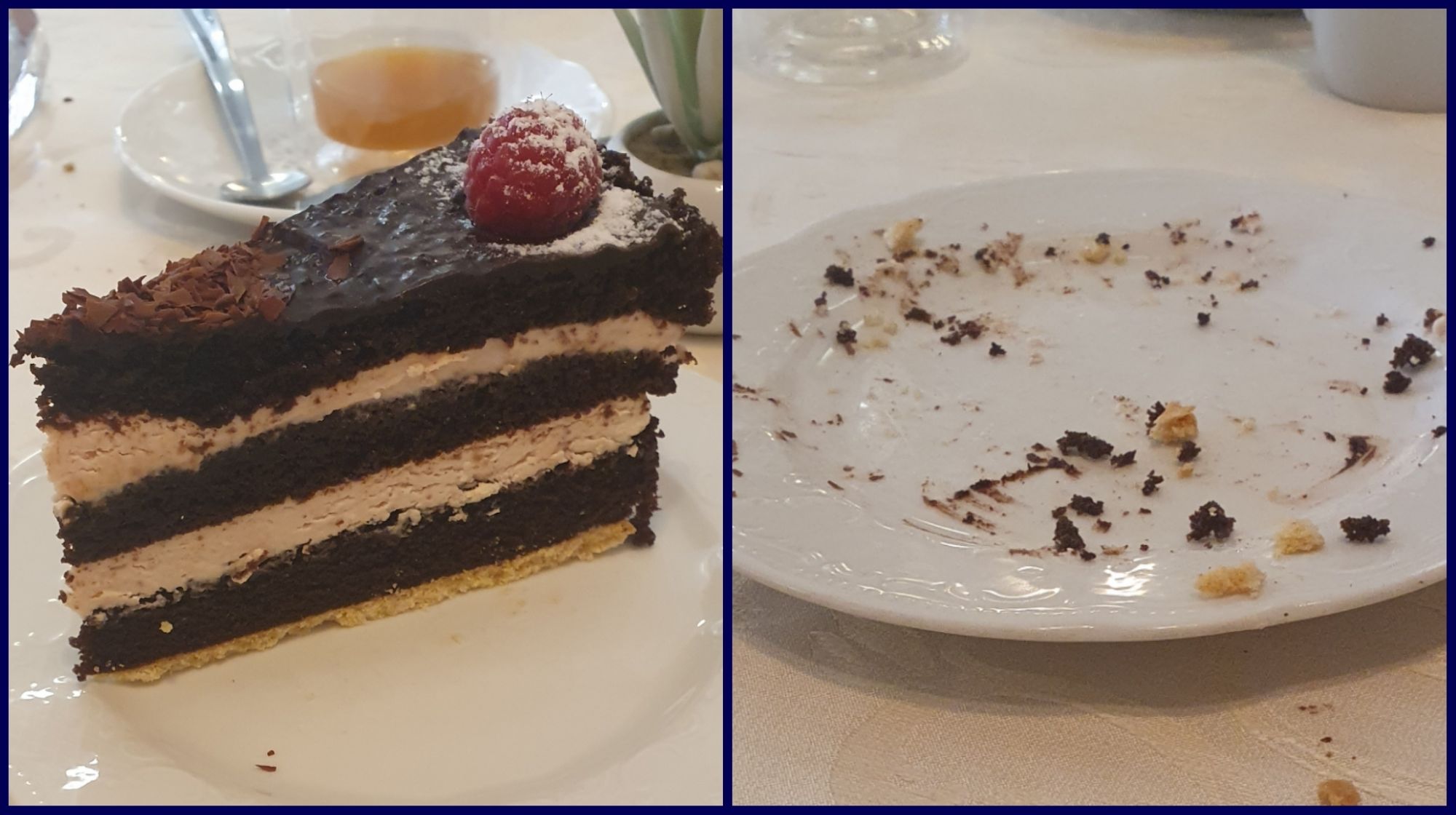 Two pictures, on the left a slice of chocolate raspberry cake with a raspberry on top, on the left a empty plate with a few crumbs