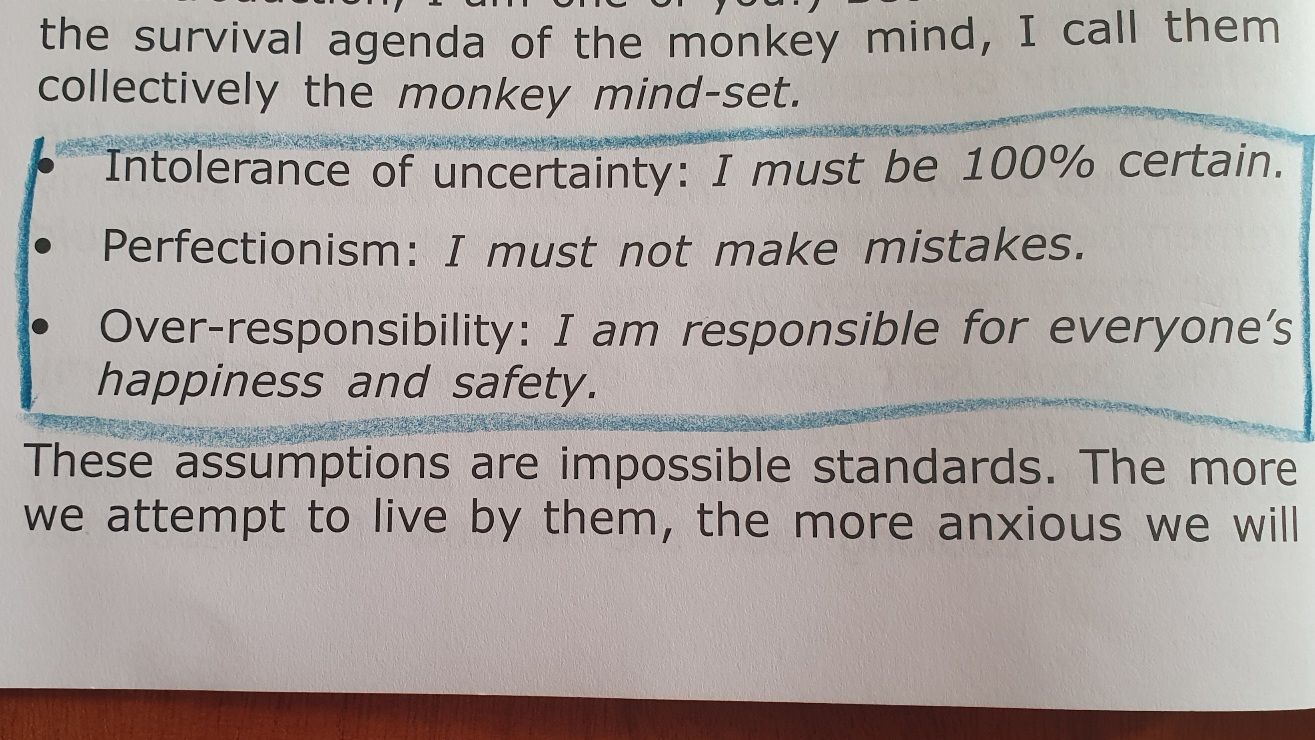 Photo of the three assumptions of the monkey mind: Intolerance of uncertainty. Perfectionsm. Over-responsibility.