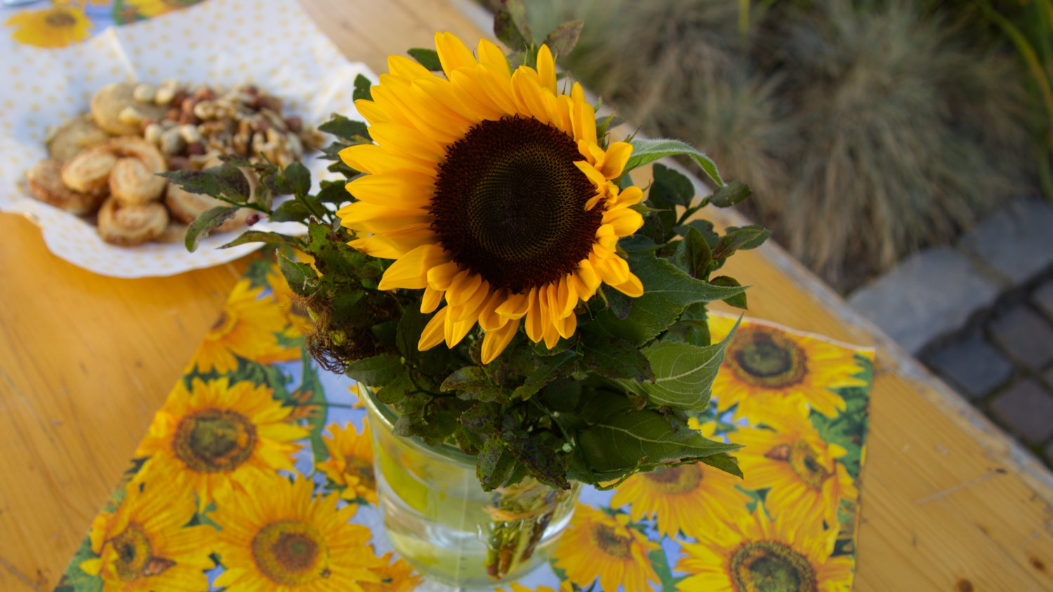 Sunflower in a vase on a sunflower paper napkin