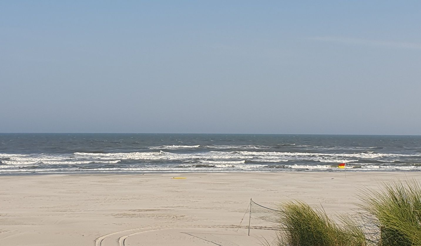 A beach scene. A bit of dune grass in the lower right corner. A stretch of empty beach, waves and the sky.