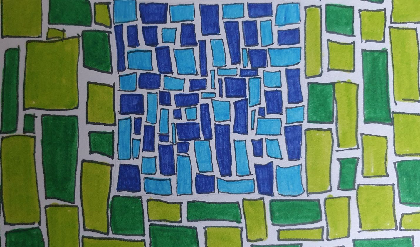 Squares / rectangles of various sizes coloured in two shades of blue and green