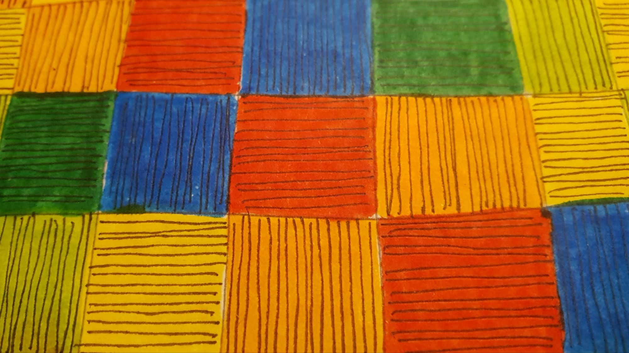 Squares on paper coloured in yellow, orange, red, blue, green. Each square also covered in small vertical or horizontal lines