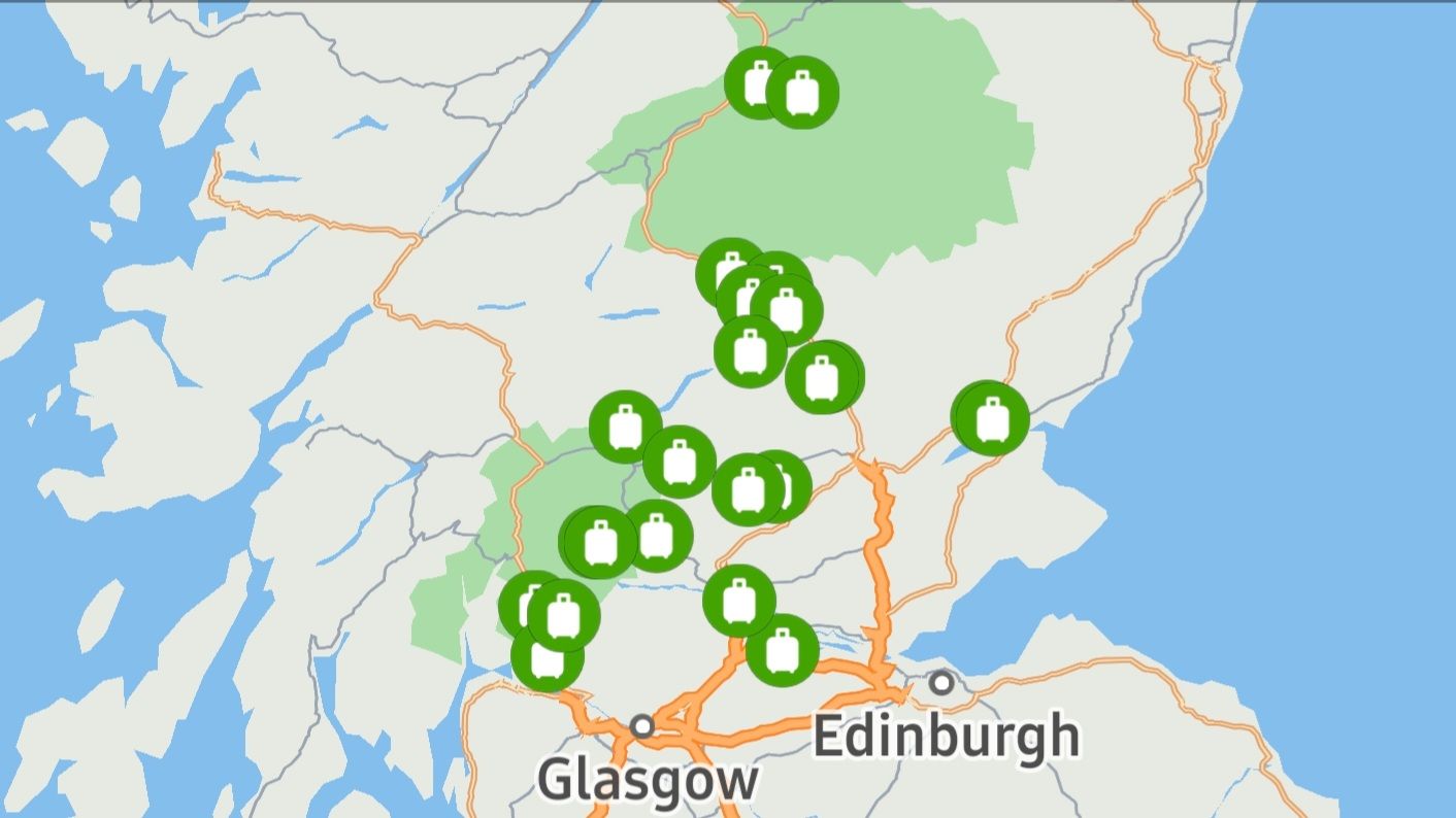 Screenshot of a map of Scotland with various locations pinned