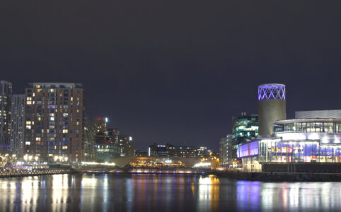 View down North Bay Salford Quays by night
