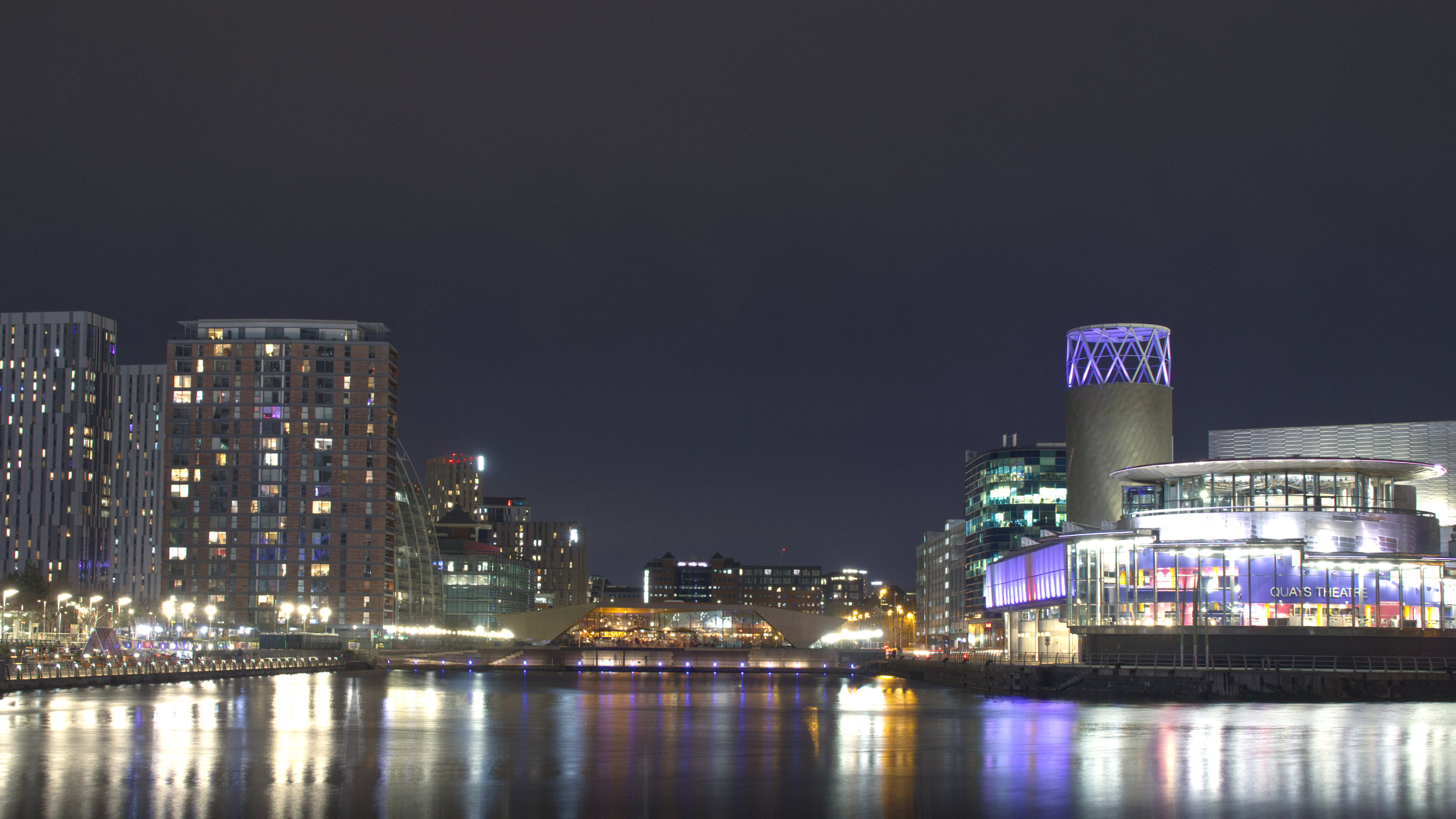 View down North Bay Salford Quays by night