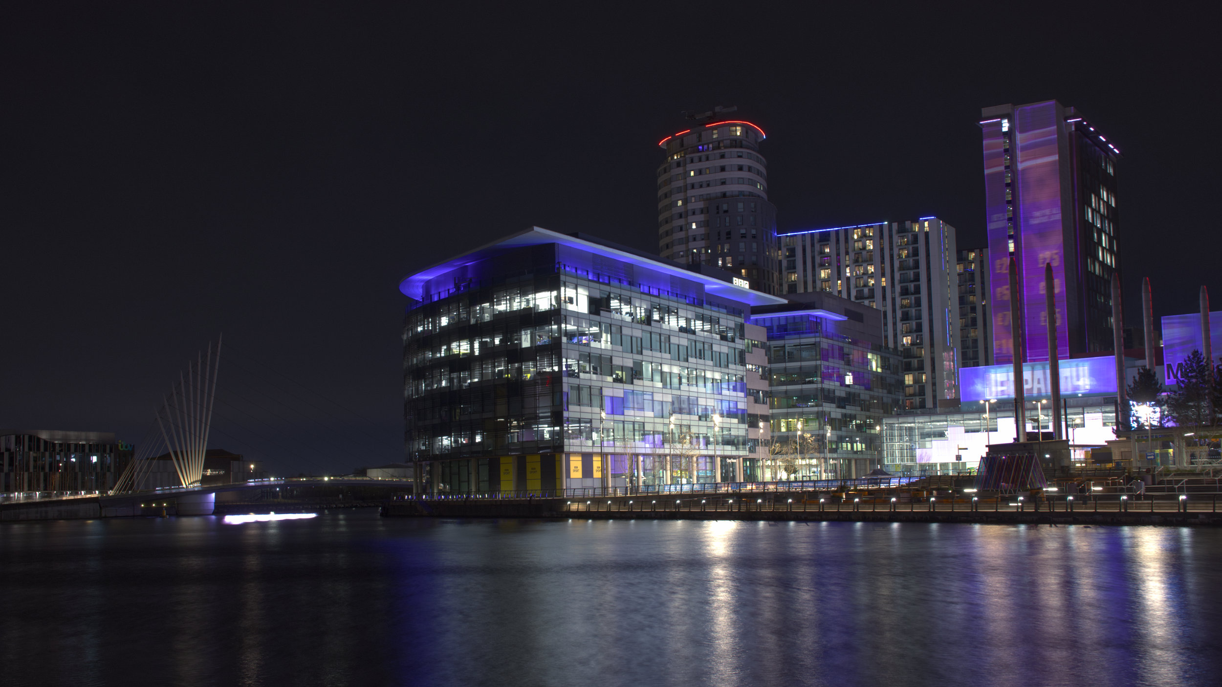 Media City Footbridge and BBC building by night